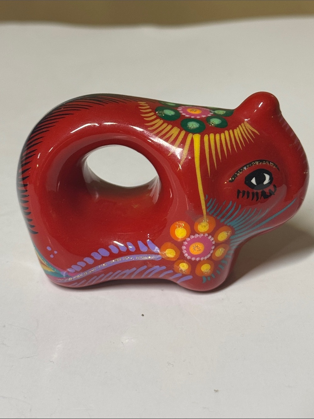 Mexican folk art ceramic elephant napkin ring hand painted vibrant red glaze